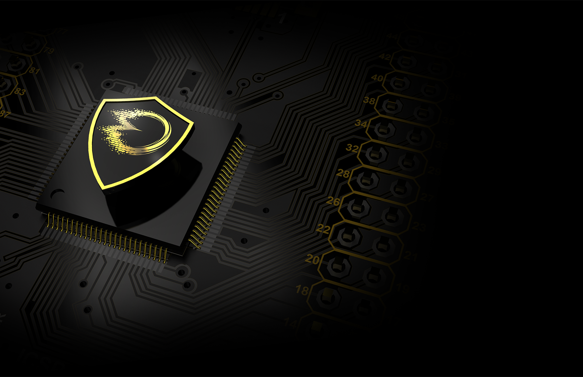 A gold-outlined security shield resting on a semiconductor processor mounted on a circuit board